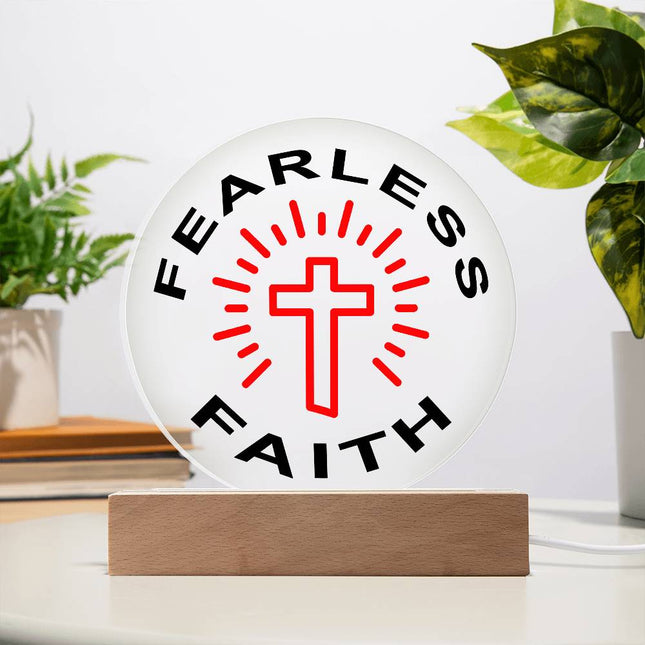 Fearless faith circle acrylic plaque with red cross and rays on LED wood base – Christian decor sign