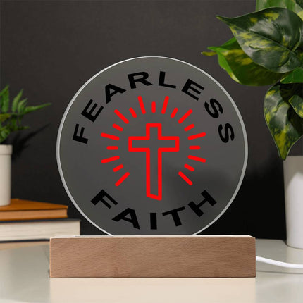 Fearless Faith Circle Acrylic Plaque | Red Cross Rays | Clear