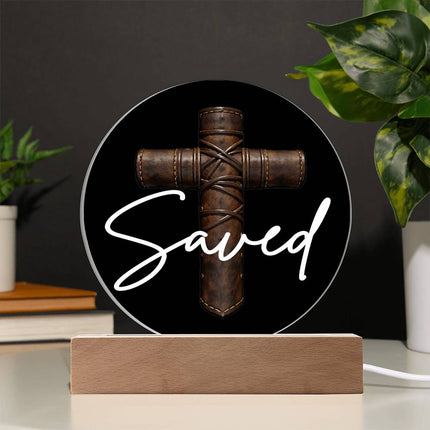 Saved Cross LED Acrylic Circle Plaque – Christian Gift for Men