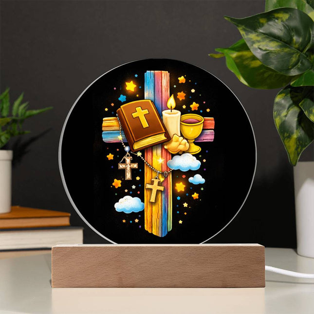 Bible, Chalice & Candle Circle Acrylic Plaque – Christian Gift for Kids