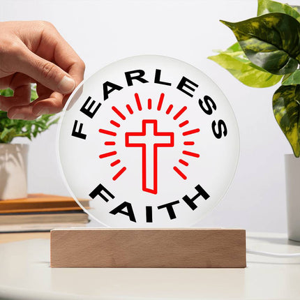 Fearless Faith Circle Acrylic Plaque | Red Cross Rays | Clear