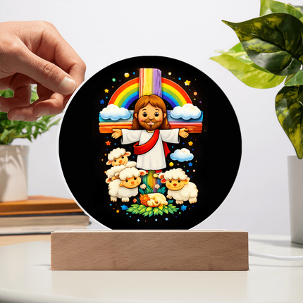 Jesus & Little Lambs - Circle Acrylic Plaque - Gift for Kids