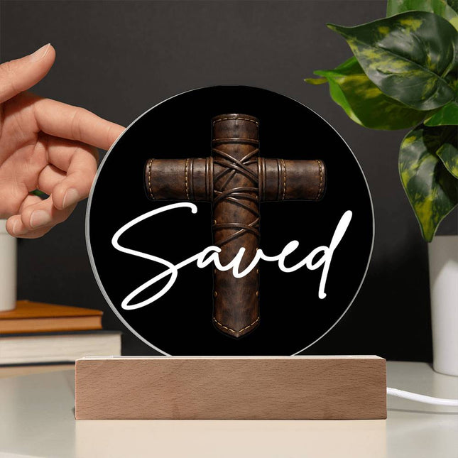 Saved Cross LED Acrylic Circle Plaque – Christian Gift for Men