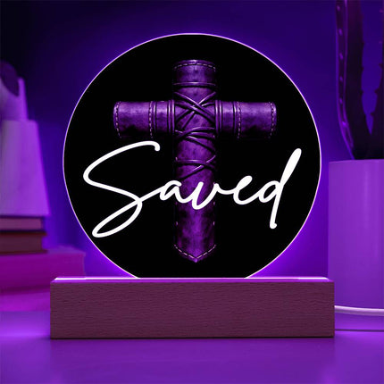 Saved Cross LED Acrylic Circle Plaque – Christian Gift for Men