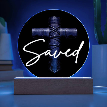 Saved Cross LED Acrylic Circle Plaque – Christian Gift for Men