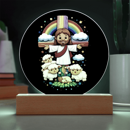 Jesus & Little Lambs - Circle Acrylic Plaque - Gift for Kids
