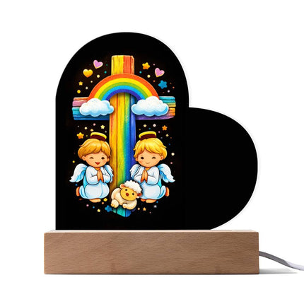 Rainbow Cross Cherub Angels | Christian Heart Acrylic Plaque | Gift for Kids