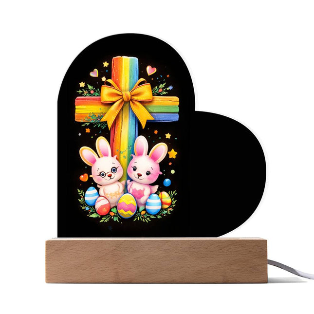 Rainbow Cross Bunnies | Christian Heart Acrylic Plaque | Gift for Kids