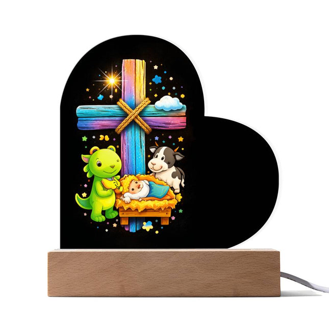 Rainbow Cross Frog And Cow | Christian Heart Acrylic Plaque | Gift for Kids