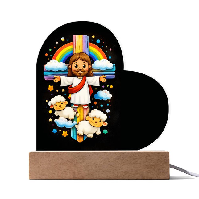 Rainbow Cross Jesus And Lamb | Christian Heart Acrylic Plaque | Gift for Kids