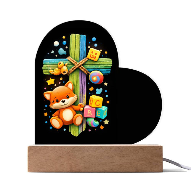 Rainbow Cross Little Fox | Christian Heart Acrylic Plaque | Gift for Kids