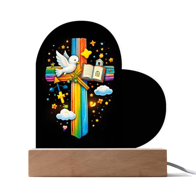 Rainbow Cross Open Bible | Christian Heart Acrylic Plaque | Gift for Kids