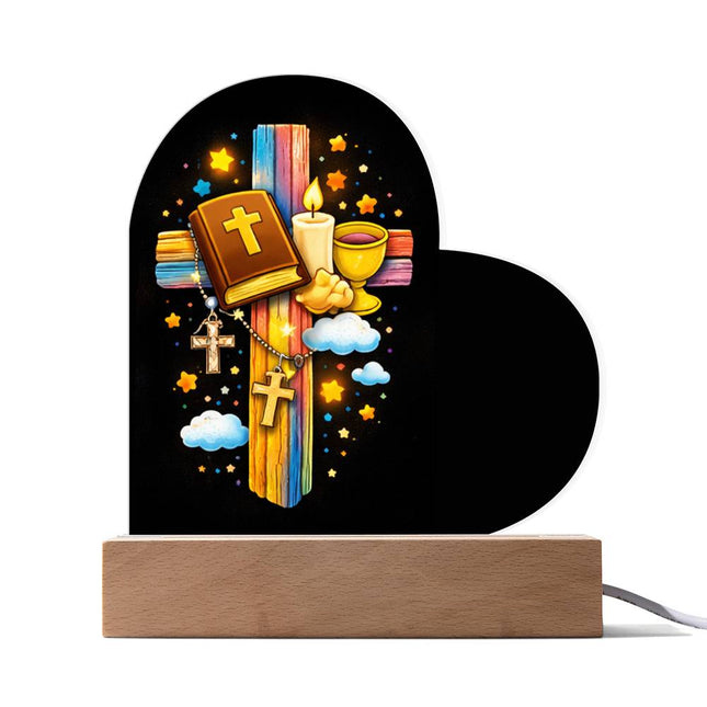 Rainbow Cross Bible And Cross | Christian Heart Acrylic Plaque | Gift for Kids