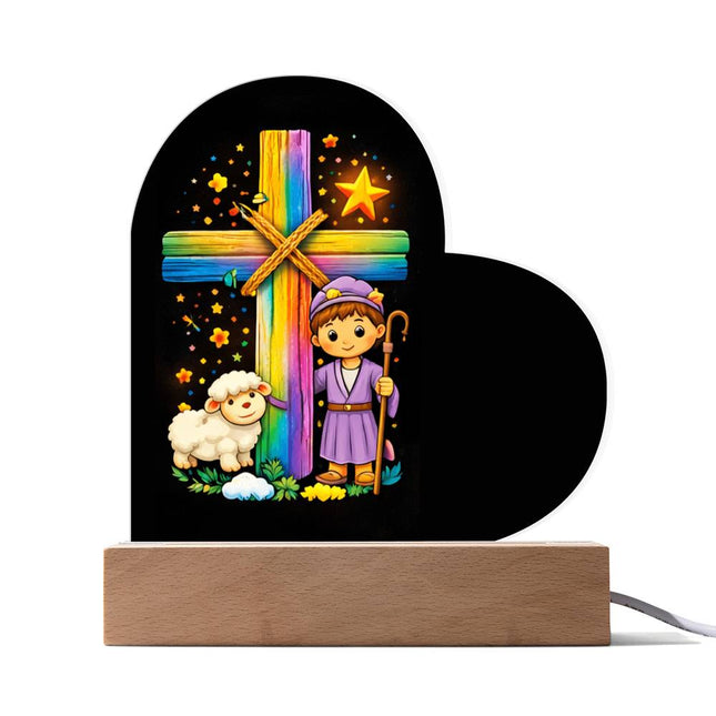 Rainbow Cross Little Shepherd | Christian Heart Acrylic Plaque | Gift for Kids