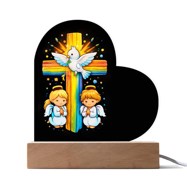 Rainbow Cross Angels And Dove | Christian Heart Acrylic Plaque | Gift for Kids