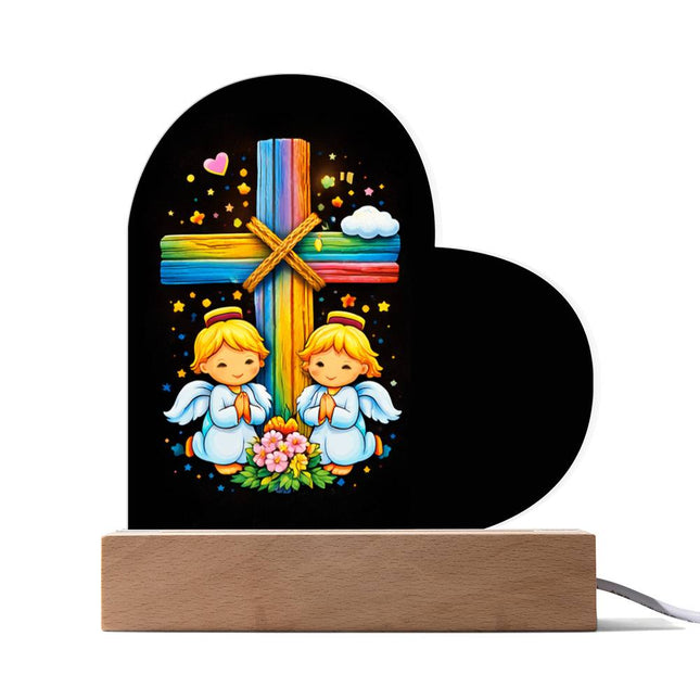Rainbow Cross Angel Twins | Christian Heart Acrylic Plaque | Gift for Kids