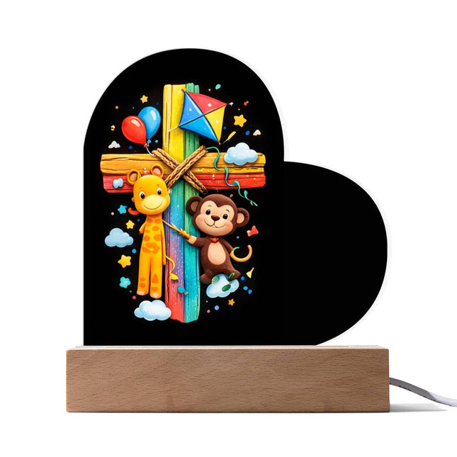 Rainbow Cross Jungle Animals | Christian Heart Acrylic Plaque | Gift for Kids
