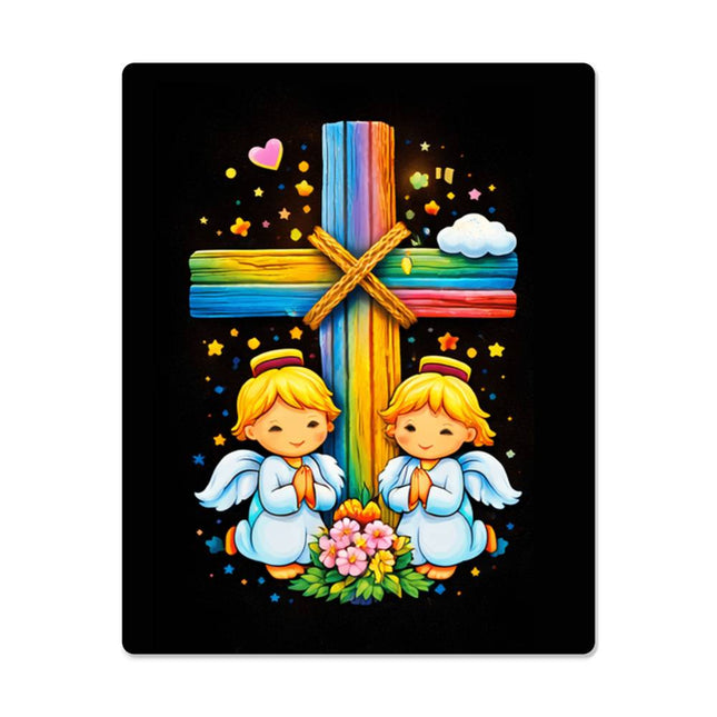 Rainbow Cross Angel Twins | Christian High Gloss Metal Art Print | Gift for Kids