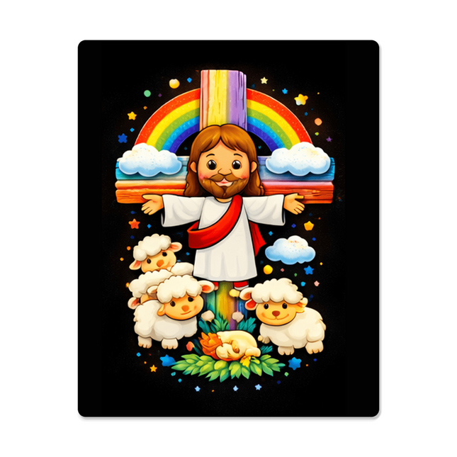Jesus And Little Lambs | Christian High Gloss Metal Art Print | Gift for Kids