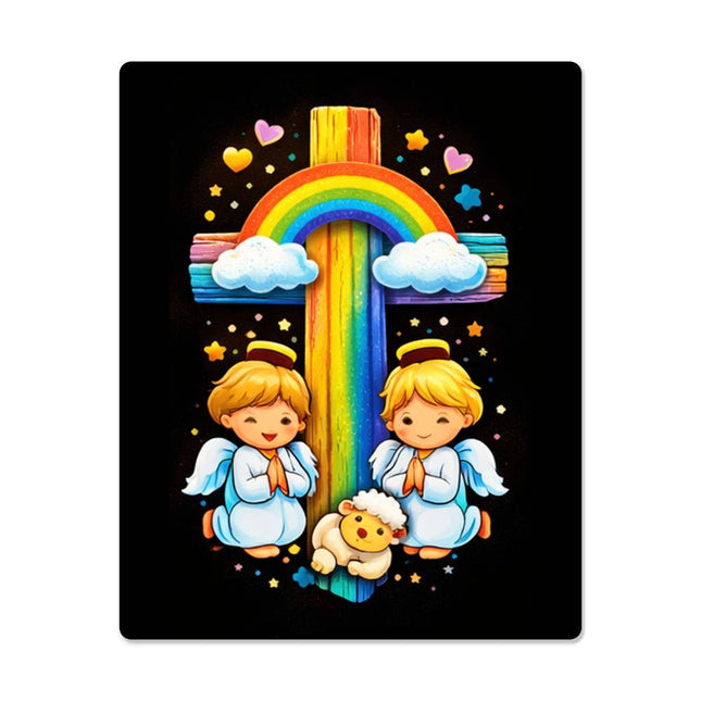 Rainbow Cross Cherub Angels | Christian High Gloss Metal Art Print | Gift for Kids