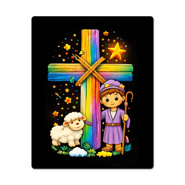 Rainbow Cross Little Shepherd | Christian High Gloss Metal Art Print | Gift for Kids
