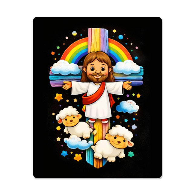 Rainbow Cross Jesus And Lamb | Christian High Gloss Metal Art Print | Gift for Kids