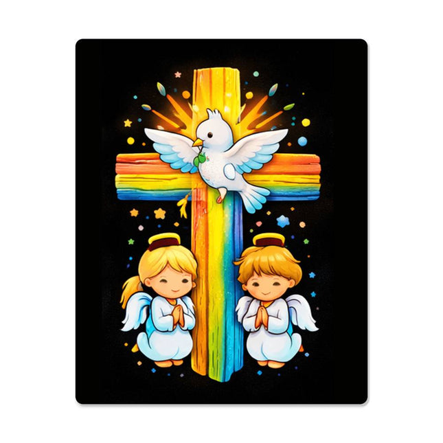 Rainbow Cross Angels And Dove | Christian High Gloss Metal Art Print | Gift for Kids