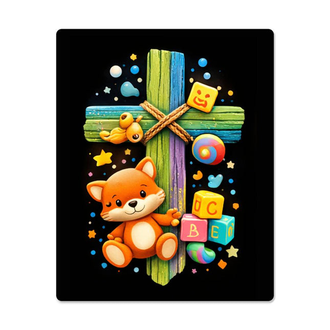 Rainbow Cross Little Fox | Christian High Gloss Metal Art Print | Gift for Kids