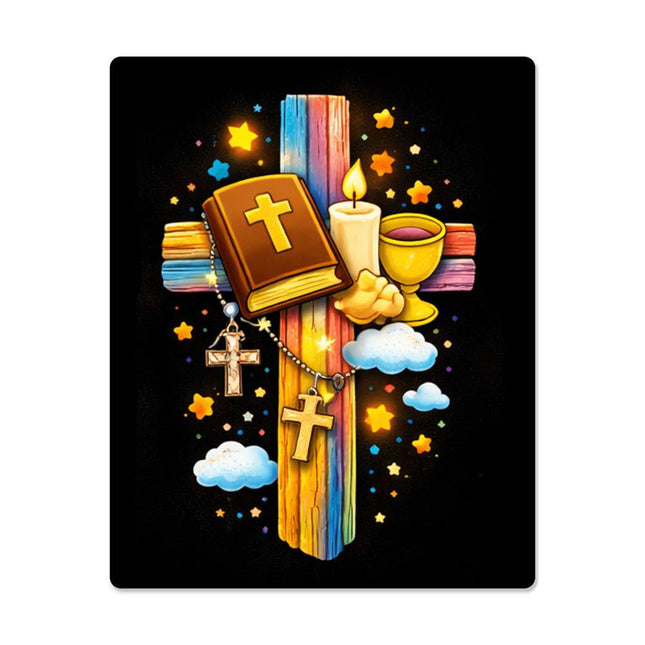 Rainbow Cross Bible And Cross | Christian High Gloss Metal Art Print | Gift for Kids