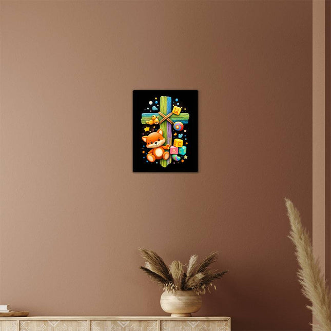 Rainbow Cross Little Fox | Christian High Gloss Metal Art Print | Gift for Kids