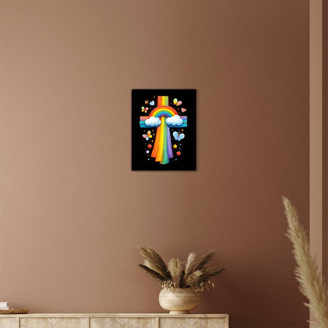 Rainbow Cross Butterfly | Christian High Gloss Metal Art Print | Gift for Kids