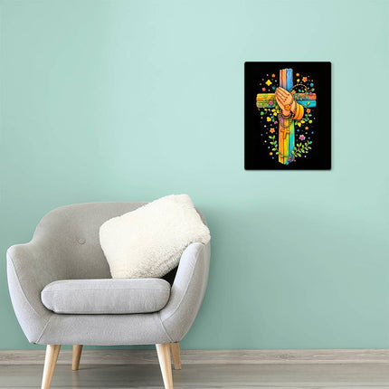 Rainbow Cross Praying Hands | Christian High Gloss Metal Art Print | Gift for Kids