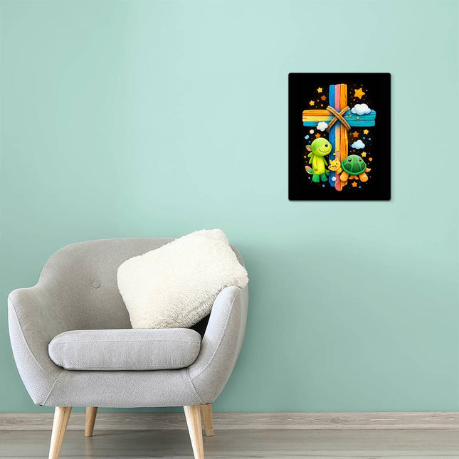 Rainbow Cross Turtle | Christian High Gloss Metal Art Print | Gift for Kids
