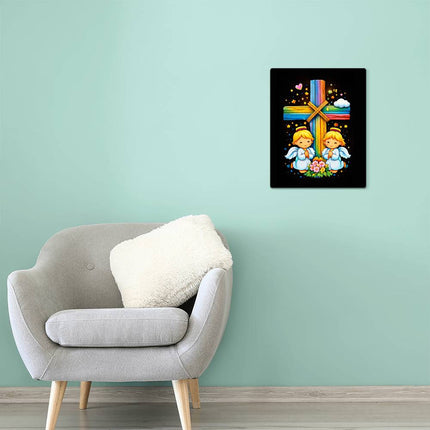 Rainbow Cross Angel Twins | Christian High Gloss Metal Art Print | Gift for Kids