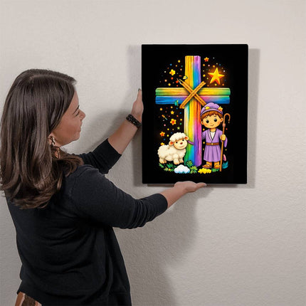 Rainbow Cross Little Shepherd | Christian High Gloss Metal Art Print | Gift for Kids