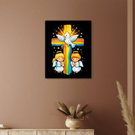 Rainbow Cross Angels And Dove | Christian High Gloss Metal Art Print | Gift for Kids