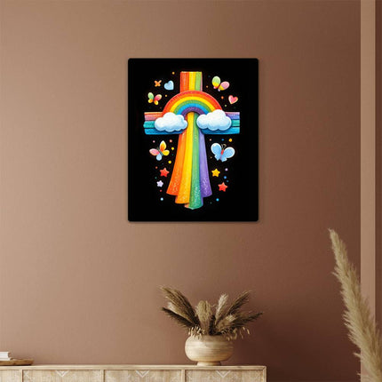 Rainbow Cross Butterfly | Christian High Gloss Metal Art Print | Gift for Kids