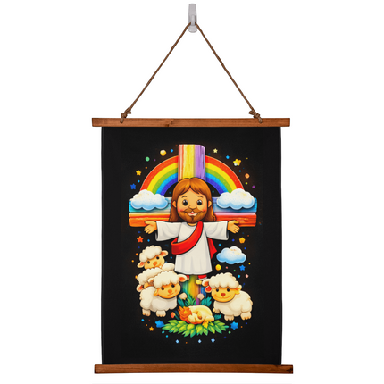 Jesus with Sheep's - Wood Framed Wall Tapestry (Portrait) - Christian Gifts for Kids