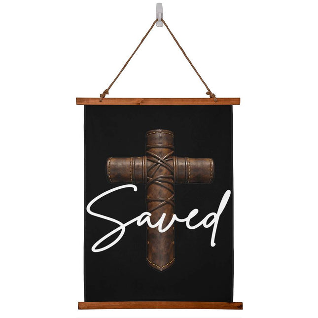 Saved Cross Wood-Framed Wall Tapestry (Vertical) – Christian Gift for Men