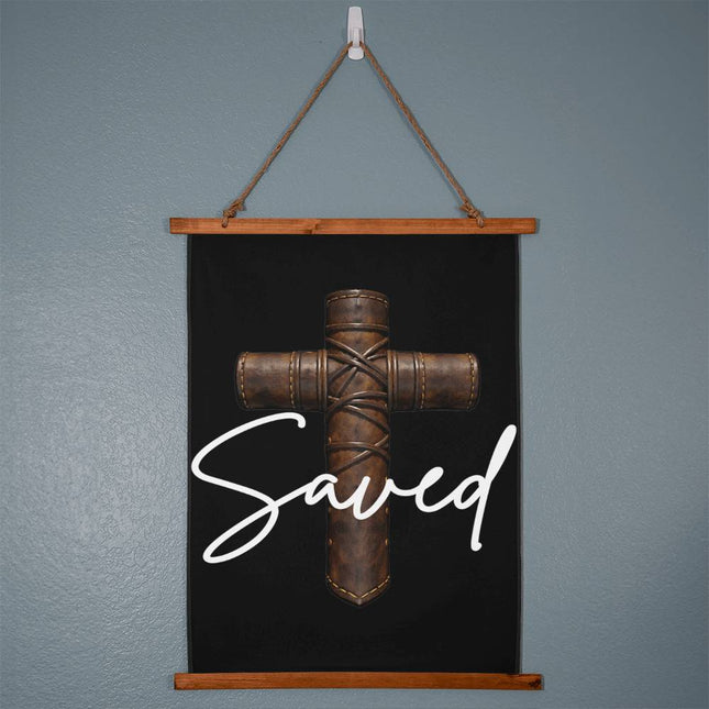 Saved Cross Wood-Framed Wall Tapestry (Vertical) – Christian Gift for Men
