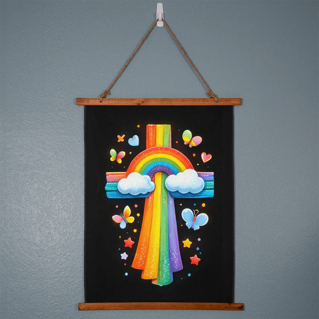 Rainbow & Butterflies Cross Wall Tapestry – Christian Gift for Kids