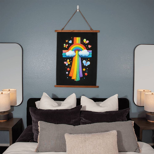 Rainbow & Butterflies Cross Wall Tapestry – Christian Gift for Kids