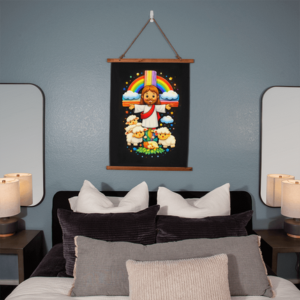 Jesus with Sheep's - Wood Framed Wall Tapestry (Portrait) - Christian Gifts for Kids
