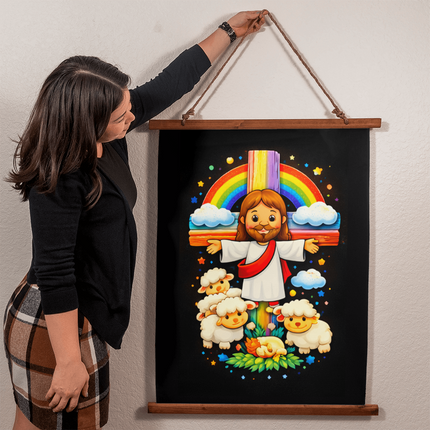 Jesus with Sheep's - Wood Framed Wall Tapestry (Portrait) - Christian Gifts for Kids