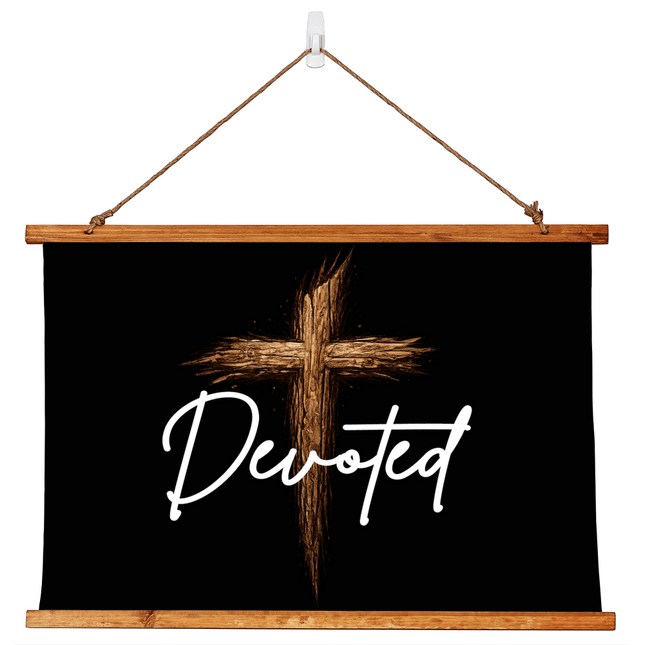 Devoted Cross Wood-Framed Wall Tapestry (Horizontal) – Christian Gift for Men