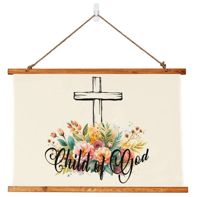 Child of God Wood Framed Wall Tapestry | Floral Cross | 36x26 Horizontal