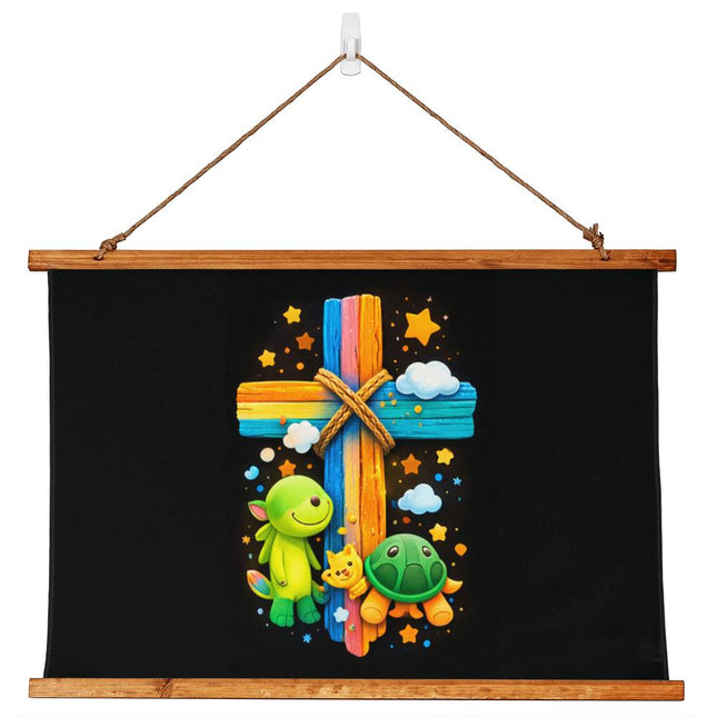 Dinosaurs & Cross Wood-Framed Wall Tapestry – Christian Gift for Kids