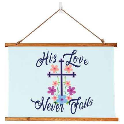 His Love Never Fails Wood Framed Wall Tapestry | Floral Cross | 36x26 Horizontal