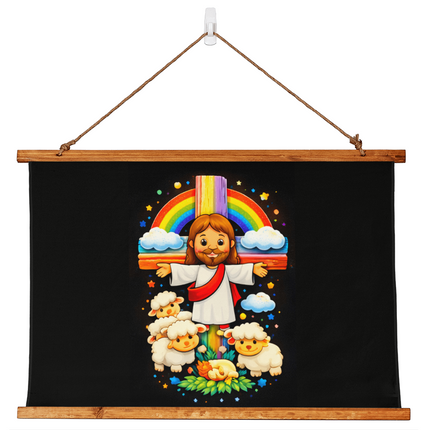 Jesus & Little Lambs - Wood Framed Wall Tapestry – Christian Gift for Kids