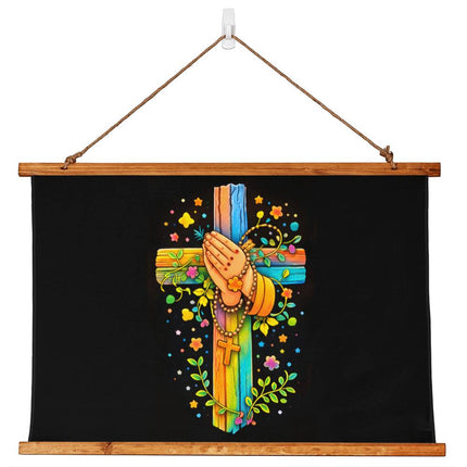 Praying Hands & Rosary Wood-Framed Wall Tapestry – Christian Gift for Kids